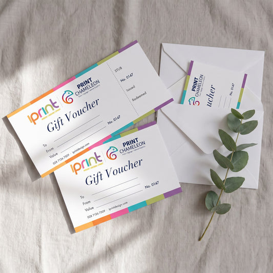 Iprint and Print Chameleon gift vouchers, A6 and DL, with white envelopes