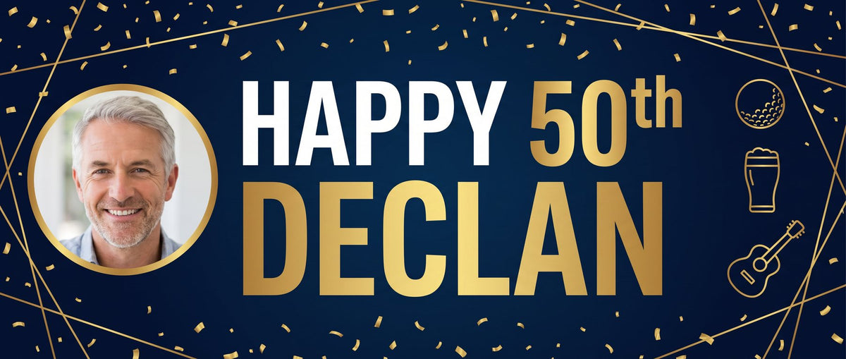 Example birthday banner design made from a customer brief: Happy 50th Declan in navy and gold