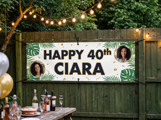 Personalised 6x2ft PVC birthday banner cable-tied to a garden fence (example design)