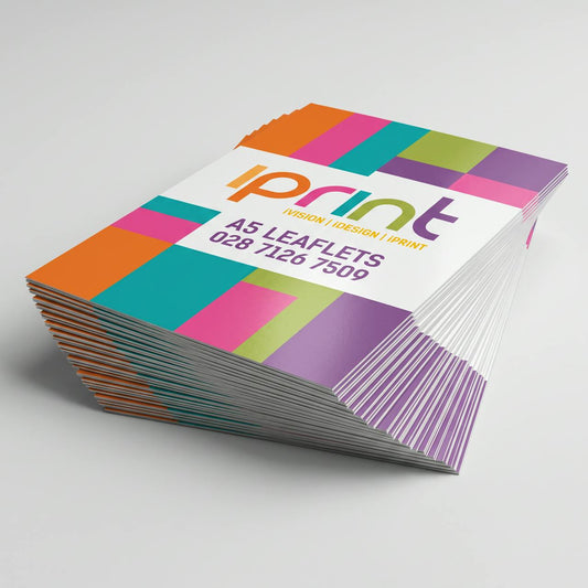 Close-up of A5 leaflets printed by Iprint & Design, Derry