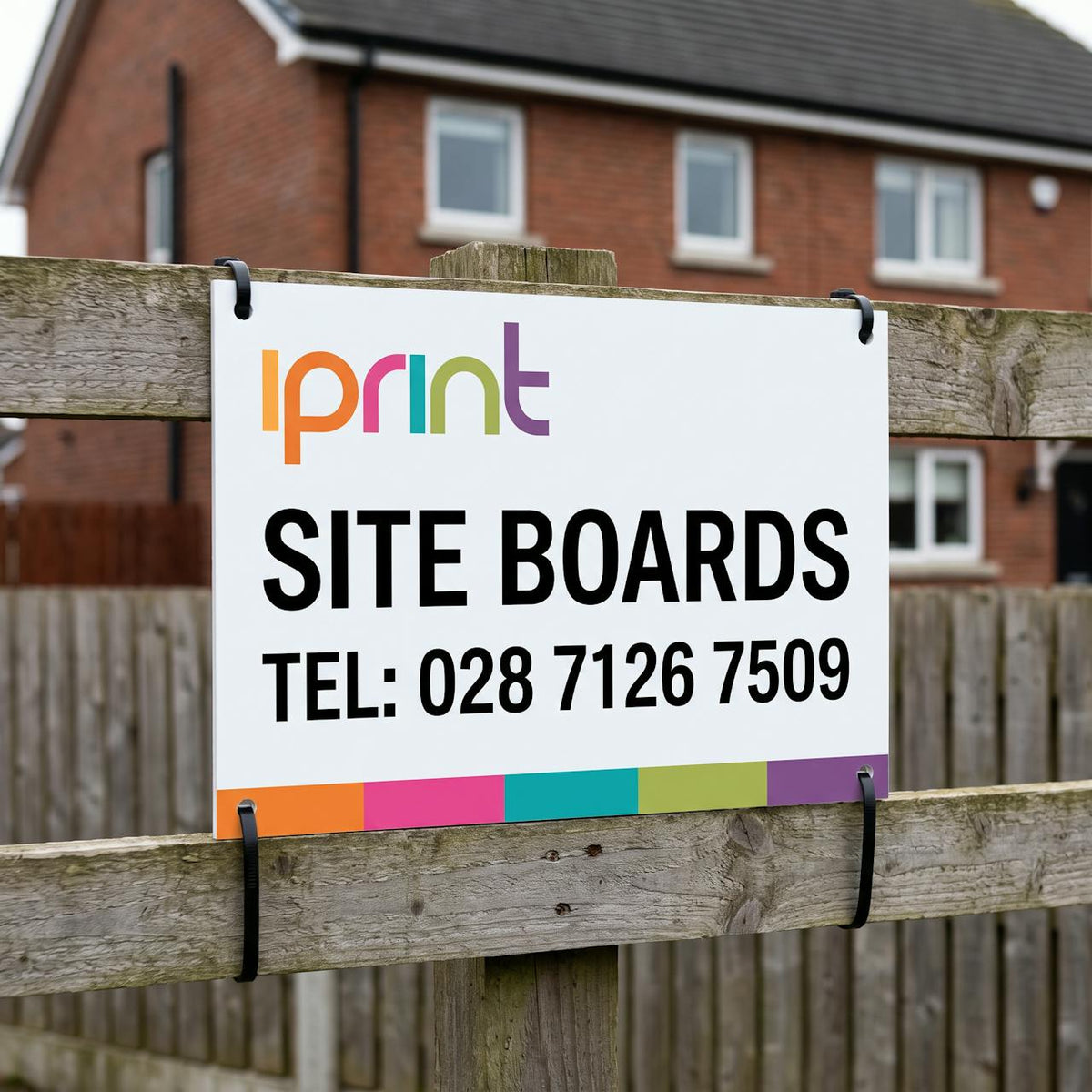 Correx site board printed by Iprint & Design, Derry, cable-tied to a fence