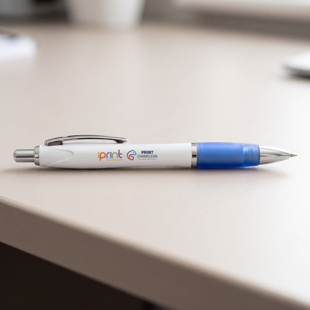 Close-up of a printed pen barrel with a full colour logo