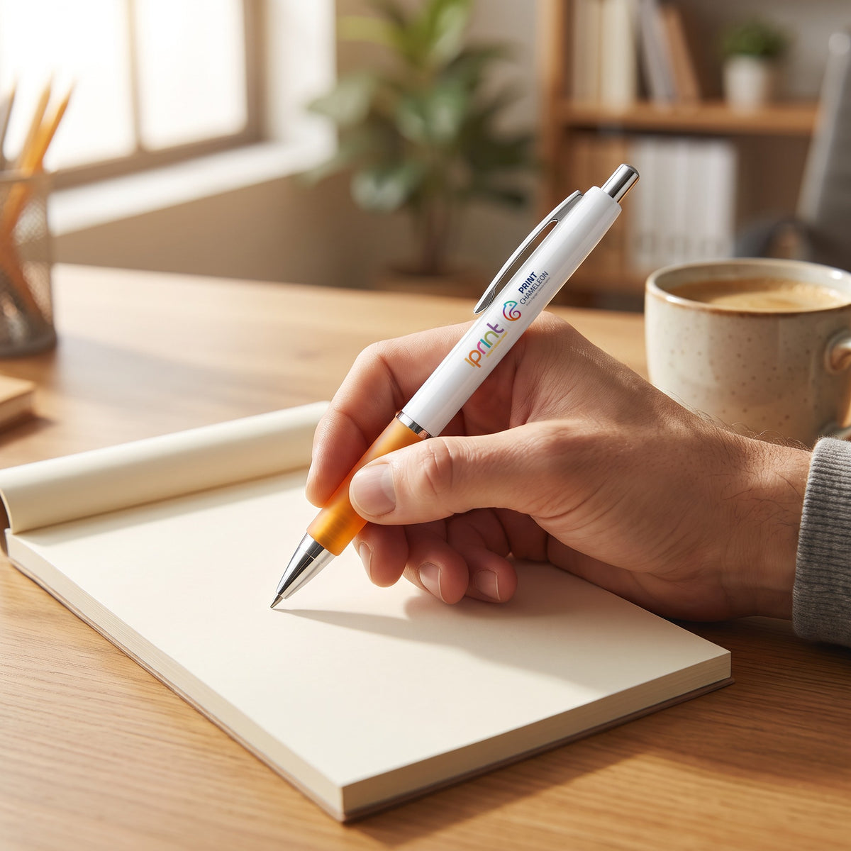 Printed pen with an orange grip being used to write in a notepad