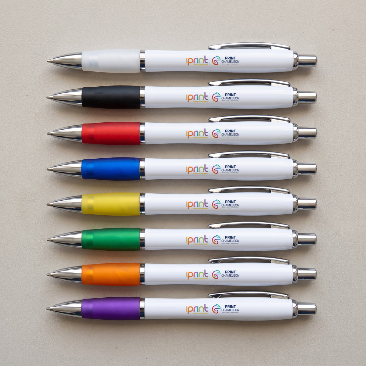 Printed white Contour pens in all 8 grip colours with the Iprint and Print Chameleon logo